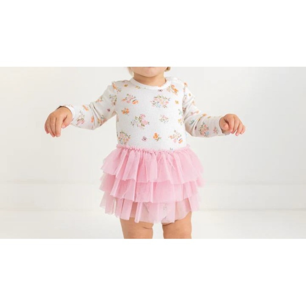 Posh Peanut Baby Girls Long Sleeve Tulle Tutu Floral Bodysuit in Clemence 12/18M